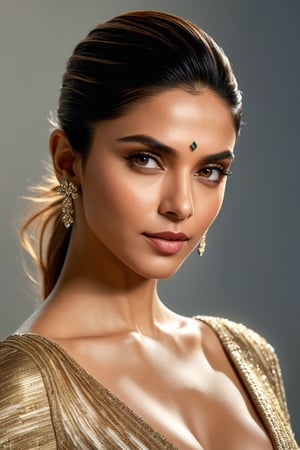 In this stunning 8K portrait, Deepika Padukone's captivating features are illuminated by soft rim ambient lighting, reminiscent of Jeremy Mann's artistic brushstrokes. Her sleek undercut hairstyle and photorealistic skin texture serve as a striking contrast against a subtle gradient background, where volumetric lighting adds depth and dimensionality. The model's symmetric eyes, perfectly framed within the golden ratio, draw attention to her alluring figure and prominent cleavage, exuding confidence and sophistication in this masterfully composed portrait.,Extremely Realistic