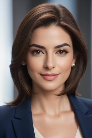 Close-up vertical shot of a stunning Indian woman in her 30s, with trendy wolf-cut brown hair styled to perfection. She's dressed in a sleek, modern blue business suit that accentuates her toned physique, exuding confidence and determination. Her facial features are highly detailed, resembling Anne Hathaway, with a radiant smile that seems to light up the entire frame. The camera captures the subtle contours of her face, from the slight arch of her eyebrows to the gentle curve of her nose. Soft, natural lighting illuminates her features, creating a sense of depth and dimensionality. The background is blurred, allowing the viewer's focus to remain solely on the subject. In this formal portrait, our trendsetter woman embodies modern elegance and sophistication.