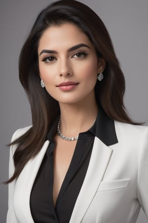 Vertical shot of a stunning Indian woman in her 30s, dressed in a black and white shirt suit dress that accentuates her curves. The camera frames her from the waist up, highlighting her impressive 36D chest adorned with a Choker Necklace Belt. Her trendsetting wolf cut brown hair falls softly around her face.

Her gaze is directed straight into the lens, exuding determination and confidence as a modern CEO. A soft, charming smile plays on her lips, which are painted a subtle shade of pink. Her black eyes sparkle with intelligence and poise, reminiscent of Anne Hathaway's captivating screen presence.

The overall aesthetic is sleek, sophisticated, and highly detailed, evoking a sense of high-end fashion photography. The smooth, refined texture of her skin and the precise definition of her facial features create an air of refinement and elegance.