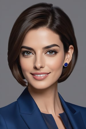 A stunning Indian woman in her 30s, donning a trendy wolf-cut brown hairstyle, gazes directly at the camera with a radiant smile. Her bright blue eyes sparkle like polished sapphires as she wears a modern, sleek formal blue business suit, exuding determination and confidence. Set against a clean white background, her sharp jawline and defined features are rendered in exquisite digital detail, reminiscent of Anne Hathaway's captivating on-screen presence.