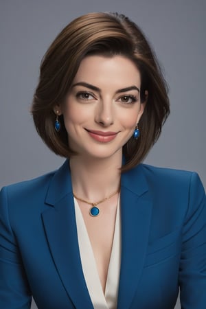 A stunning Indian woman in her 30s, donning a trendy wolf-cut brown hairdo, sits confidently in a vertical frame. Her bright smile radiates determination and poise as she gazes directly into the camera lens. A sleek, high-neckline blue business suit hugs her figure, exuding modern sophistication. Anne Hathaway-inspired intensity emanates from her piercing eyes, drawing the viewer's attention. The formal setting features a subtle gradient of blues and whites, adding depth to the composition. Highly detailed, the image appears almost lifelike, making the subject appear ready to step out of the frame.