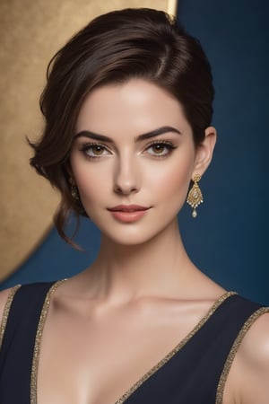 A stunning Indian woman in her 20s, donning a striking wolf-cut brown hairdo, exudes confidence and poise. In a vertical composition, she stands tall, gazing directly into the lens with an unwavering determination. Her piercing eyes sparkle like sapphires, framed by thick lashes. A sleek, modern blue business suit hugs her curves, accentuating her toned physique. The formal attire is juxtaposed against a subtle, textured background, adding depth and dimensionality to the overall image. Her facial features, reminiscent of Anne Hathaway's, are finely detailed, with high cheekbones, defined jawline, and full lips. The trendsetter's wolf-cut hair cascades down her back like a golden waterfall, framing her regal visage. The image is bathed in soft, natural light, casting a flattering glow on the subject.