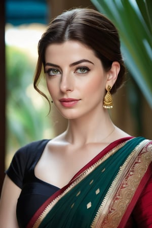 a breathtakingly beautiful caucasian woman Anne hathway from Lebanon, wearing a rich saree, perfect symmetric eyes, natural skin texture, hyperrealism, soft light, sharp, 8k hdr, dslr, high contrast, cinematic lighting, high quality, film grain, Fujifilm XT3