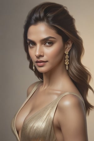 In this stunning 8K portrait, Deepika Padukone's captivating features are illuminated by soft rim ambient lighting, reminiscent of Jeremy Mann's artistic brushstrokes. Her sleek undercut hairstyle and photorealistic skin texture serve as a striking contrast against a subtle gradient background, where volumetric lighting adds depth and dimensionality. The model's symmetric eyes, perfectly framed within the golden ratio, draw attention to her alluring figure and prominent cleavage, exuding confidence and sophistication in this masterfully composed portrait.,Extremely Realistic