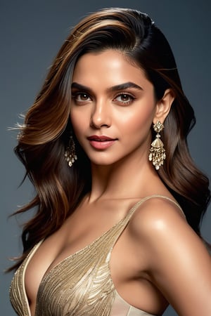 In this stunning 8K portrait, Deepika Padukone's captivating features are illuminated by soft rim ambient lighting, reminiscent of Jeremy Mann's artistic brushstrokes. Her sleek undercut hairstyle and photorealistic skin texture serve as a striking contrast against a subtle gradient background, where volumetric lighting adds depth and dimensionality. The model's symmetric eyes, perfectly framed within the golden ratio, draw attention to her alluring figure and prominent cleavage, exuding confidence and sophistication in this masterfully composed portrait.,Extremely Realistic