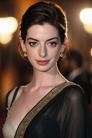 Anne Hathaway's Lebanese beauty shines in a majestic shot: against a dark saree, her symmetrical eyes sparkle with hyper-realistic precision. Soft light dances across her natural skin texture, accentuating the subtle curves of her face. Framed by a shallow depth of field, Anne's features are bathed in cinematic lighting, with high contrast and film grain adding depth to the 8K HDR image captured with Fujifilm XT3's DSLR-like quality.