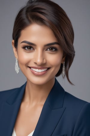 Vertical close-up shot of an Indian woman in her 30s, radiating happiness and confidence. Her trendy wolf-cut brown hair falls down the sides of her face, framing her striking features. The camera captures every detail, from the subtle smile to the piercing eyes that seem to sparkle with determination. She wears a sleek blue business suit, reminiscent of Anne Hathaway's iconic style. The formal attire is offset by her effortless, modern vibe, exuding a sense of professionalism and poise. Lighting is soft and flattering, accentuating the subject's striking features and creating a dramatic depth of field.