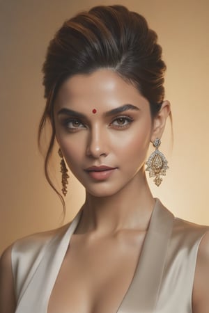 In this stunning 8K portrait, Deepika Padukone's captivating features are illuminated by soft rim ambient lighting, reminiscent of Jeremy Mann's artistic brushstrokes. Her sleek undercut hairstyle and photorealistic skin texture serve as a striking contrast against a subtle gradient background, where volumetric lighting adds depth and dimensionality. The model's symmetric eyes, perfectly framed within the golden ratio, draw attention to her alluring figure and prominent cleavage, exuding confidence and sophistication in this masterfully composed portrait.,Extremely Realistic