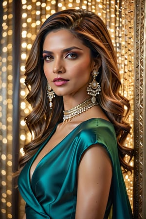 In this stunning 8K portrait, Deepika Padukone's captivating features are illuminated by soft rim ambient lighting, reminiscent of Jeremy Mann's artistic brushstrokes. Her sleek undercut hairstyle and photorealistic skin texture serve as a striking contrast against a subtle gradient background, where volumetric lighting adds depth and dimensionality. The model's symmetric eyes, perfectly framed within the golden ratio, draw attention to her alluring figure and prominent cleavage, exuding confidence and sophistication in this masterfully composed portrait.,Extremely Realistic