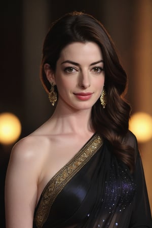 Anne Hathaway, the captivating Caucasian woman from Lebanon, stands out in a stunning dark saree. Her mesmerizing eyes, perfectly symmetrical and bright, radiate under soft, cinematic lighting, as if kissed by a gentle sunset glow. The natural texture of her skin glows with subtle sheen. Framed by the camera's precise composition, Anne's serene pose is captured in crystal-clear 8K HDR on Fujifilm XT3, with sharp focus and high contrast. Film grain subtly adds depth to this breathtaking portrait, as if a precious gem had been carefully polished for display.