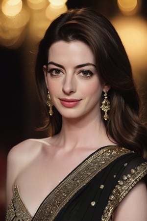 Anne Hathaway's Lebanese beauty shines in a majestic shot: against a dark saree, her symmetrical eyes sparkle with hyper-realistic precision. Soft light dances across her natural skin texture, accentuating the subtle curves of her face. Framed by a shallow depth of field, Anne's features are bathed in cinematic lighting, with high contrast and film grain adding depth to the 8K HDR image captured with Fujifilm XT3's DSLR-like quality.