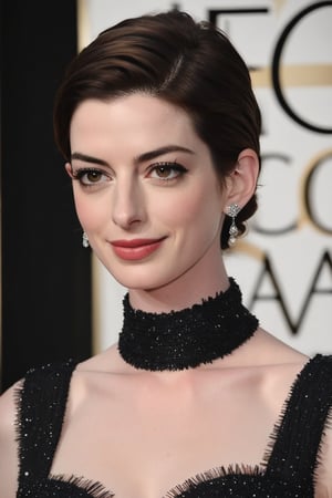 Anne Hathaway's porcelain complexion shines like moonlit silk as she wears a dark saree draped elegantly around her statuesque figure. Her perfect, symmetrical eyes sparkle with an inner light, framed by thick lashes that seem to dance in the soft, high-contrast illumination. The natural skin texture appears almost hyperrealistic, as if captured with 8K HDR precision. The sharpness of the image is reminiscent of a DSLR's crisp rendition, while the cinematic lighting imbues the scene with a sense of drama and intimacy. A subtle film grain adds warmth and texture to the Fujifilm XT3's high-quality capture.