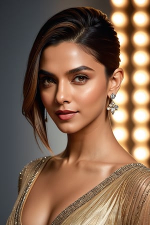 In this stunning 8K portrait, Deepika Padukone's captivating features are illuminated by soft rim ambient lighting, reminiscent of Jeremy Mann's artistic brushstrokes. Her sleek undercut hairstyle and photorealistic skin texture serve as a striking contrast against a subtle gradient background, where volumetric lighting adds depth and dimensionality. The model's symmetric eyes, perfectly framed within the golden ratio, draw attention to her alluring figure and prominent cleavage, exuding confidence and sophistication in this masterfully composed portrait.,Extremely Realistic