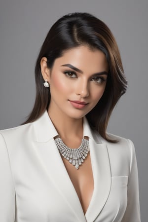 Vertical shot of a stunning Indian woman in her 30s, dressed in a black and white shirt suit dress that accentuates her curves. The camera frames her from the waist up, highlighting her impressive 36D chest adorned with a Choker Necklace Belt. Her trendsetting wolf cut brown hair falls softly around her face.

Her gaze is directed straight into the lens, exuding determination and confidence as a modern CEO. A soft, charming smile plays on her lips, which are painted a subtle shade of pink. Her black eyes sparkle with intelligence and poise, reminiscent of Anne Hathaway's captivating screen presence.

The overall aesthetic is sleek, sophisticated, and highly detailed, evoking a sense of high-end fashion photography. The smooth, refined texture of her skin and the precise definition of her facial features create an air of refinement and elegance.