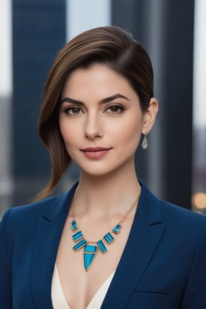 A stunning vertical photo of a vibrant Indian woman in her 30s, sporting a trendy wolf-cut brown hairstyle, posing confidently in a modern, sleek setting. She wears a sharp blue business suit, exuding determination and poise.

The framing of the shot focuses on her radiant face, with the camera positioned slightly above eye level to accentuate her stunning features. Her piercing gaze meets the viewer's, as if challenging them to take notice. The soft, warm lighting illuminates her flawless skin, highlighting the subtle contours of her facial structure.

Her trendy hairstyle is styled to perfection, with loose strands framing her face and a few strategically placed wisps framing her forehead. A delicate silver necklace adds a touch of sophistication to her outfit.

In the background, a minimalist cityscape or an abstract geometric pattern creates a modern, high-tech ambiance, reflecting her forward-thinking personality. The overall atmosphere is one of confidence, poise, and unapologetic self-assurance, reminiscent of Anne Hathway's iconic roles.