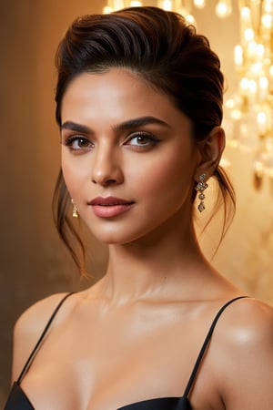 In this stunning 8K portrait, Deepika Padukone's captivating features are illuminated by soft rim ambient lighting, reminiscent of Jeremy Mann's artistic brushstrokes. Her sleek undercut hairstyle and photorealistic skin texture serve as a striking contrast against a subtle gradient background, where volumetric lighting adds depth and dimensionality. The model's symmetric eyes, perfectly framed within the golden ratio, draw attention to her alluring figure and prominent cleavage, exuding confidence and sophistication in this masterfully composed portrait.,Extremely Realistic