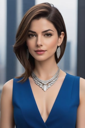 A stunning vertical photo of a vibrant Indian woman in her 30s, sporting a trendy wolf-cut brown hairstyle, posing confidently in a modern, sleek setting. She wears a sharp blue business suit, exuding determination and poise.

The framing of the shot focuses on her radiant face, with the camera positioned slightly above eye level to accentuate her stunning features. Her piercing gaze meets the viewer's, as if challenging them to take notice. The soft, warm lighting illuminates her flawless skin, highlighting the subtle contours of her facial structure.

Her trendy hairstyle is styled to perfection, with loose strands framing her face and a few strategically placed wisps framing her forehead. A delicate silver necklace adds a touch of sophistication to her outfit.

In the background, a minimalist cityscape or an abstract geometric pattern creates a modern, high-tech ambiance, reflecting her forward-thinking personality. The overall atmosphere is one of confidence, poise, and unapologetic self-assurance, reminiscent of Anne Hathway's iconic roles.