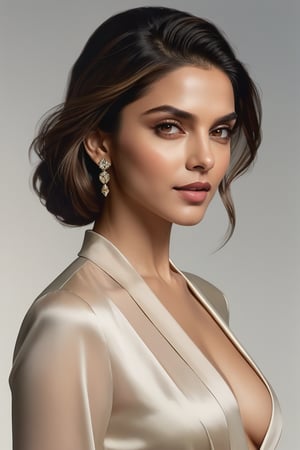 In this Extremely Realistic 8K portrait, Deepika Padukone's captivating features are spotlighted by soft rim ambient lighting, echoing Jeremy Mann's artistic nuances. Her sleek undercut hairstyle and photorealistic skin texture create a striking contrast against a subtle gradient background, where volumetric lighting adds depth and dimensionality. Framed within the golden ratio, her symmetric eyes draw attention to her alluring figure and prominent cleavage, exuding confidence and sophistication in this masterfully composed portrait.