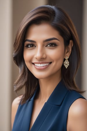 Vertical close-up shot of an Indian woman in her 30s, radiating happiness and confidence. Her trendy wolf-cut brown hair falls down the sides of her face, framing her striking features. The camera captures every detail, from the subtle smile to the piercing eyes that seem to sparkle with determination. She wears a sleek blue business suit, reminiscent of Anne Hathaway's iconic style. The formal attire is offset by her effortless, modern vibe, exuding a sense of professionalism and poise. Lighting is soft and flattering, accentuating the subject's striking features and creating a dramatic depth of field.