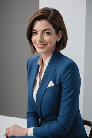 A stunning Indian woman in her 30s, donning a trendy wolf-cut brown hairdo, sits confidently in a vertical frame. Her bright smile radiates determination and poise as she gazes directly into the camera lens. A sleek, high-neckline blue business suit hugs her figure, exuding modern sophistication. Anne Hathaway-inspired intensity emanates from her piercing eyes, drawing the viewer's attention. The formal setting features a subtle gradient of blues and whites, adding depth to the composition. Highly detailed, the image appears almost lifelike, making the subject appear ready to step out of the frame.