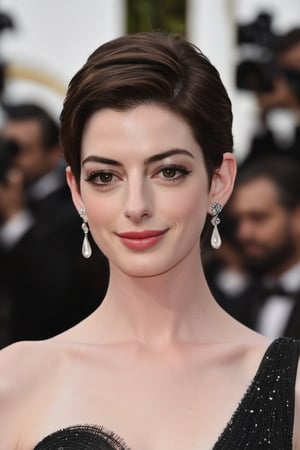 Anne Hathaway's porcelain complexion shines like moonlit silk as she wears a dark saree draped elegantly around her statuesque figure. Her perfect, symmetrical eyes sparkle with an inner light, framed by thick lashes that seem to dance in the soft, high-contrast illumination. The natural skin texture appears almost hyperrealistic, as if captured with 8K HDR precision. The sharpness of the image is reminiscent of a DSLR's crisp rendition, while the cinematic lighting imbues the scene with a sense of drama and intimacy. A subtle film grain adds warmth and texture to the Fujifilm XT3's high-quality capture.