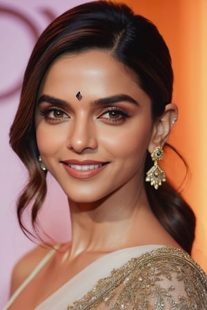 Close-up shot of Deepika Padukone's face, soft focus and warm lighting accentuating her features. She gazes directly into the camera with a subtle smile, eyes shining bright with a hint of mischief. Her raven-black hair falls in loose waves around her face, framing her porcelain skin. The background is a blurred gradient of colors, with a touch of golden hour warmth.