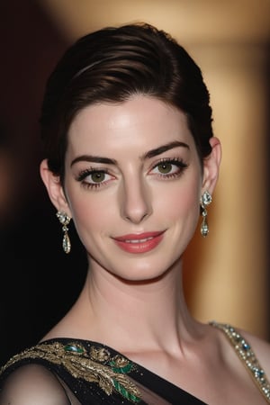 Anne Hathaway's Lebanese beauty shines in a majestic shot: against a dark saree, her symmetrical eyes sparkle with hyper-realistic precision. Soft light dances across her natural skin texture, accentuating the subtle curves of her face. Framed by a shallow depth of field, Anne's features are bathed in cinematic lighting, with high contrast and film grain adding depth to the 8K HDR image captured with Fujifilm XT3's DSLR-like quality.