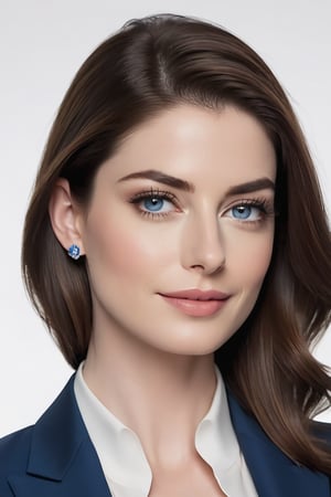 Anne Hathway-inspired beauty: A stunning Indian woman in her 30s, with a trendy wolf-cut brown hair, sits confidently against a clean white background. Her determined gaze is framed by a subtle smile, as she wears a modern, sleek blue business suit that accentuates her toned physique. The formal attire and sharp jawline exude professionalism, while the sparkling blue eyes convey a sense of authority and poise. Every detail, from the delicate eyelashes to the slender fingers, is highly detailed and rendered in hyper-realistic style.