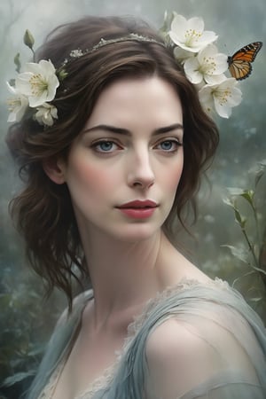 Anne Hathaway's enigmatic portrait: Double-exposed against a dreamy spring landscape, where soft fog wraps around her like a veil. Her eyes, pools of sorrowful wisdom, speak volumes as she gazes wistfully into the distance. Impasto textures crackle with emotional intensity, as delicate flowers bloom around her, their petals like tender whispers. Macrorealism reveals each strand of hair, every detail rendered in crisp, tactile realism. Jean-Baptiste Monge's subtle color palette and Nicolas de Largillière's elegant lines converge to create a poignant, Russ Mills-inspired masterpiece.