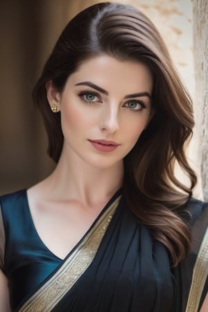 a breathtakingly beautiful caucasian woman Anne hathway from Lebanon, wearing a dark saree, perfect symmetric eyes, natural skin texture, hyperrealism, soft light, sharp, 8k hdr, dslr, high contrast, cinematic lighting, high quality, film grain, Fujifilm XT3