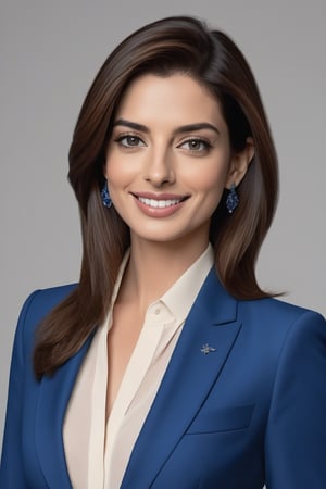 A stunning Indian woman in her 30s, donning a trendy wolf-cut brown hairstyle, gazes directly at the camera with a radiant smile. Her bright blue eyes sparkle like polished sapphires as she wears a modern, sleek formal blue business suit, exuding determination and confidence. Set against a clean white background, her sharp jawline and defined features are rendered in exquisite digital detail, reminiscent of Anne Hathaway's captivating on-screen presence.