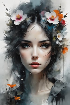 the painting style of nicolas de largilliere and jean-baptiste monge is combined with the bold expression of russ mills and the crackled texture of impasto. double exposure. image of beautiful sadness with large expressive speaking eyes, correct anatomy, against the backdrop of a whimsical spring landscape with amazing flowers, surrounded by soft fog, soft focus, macrorealism, every hair and point