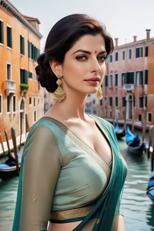Here's a hyper-realistic prompt for the description of the Indian woman:

Vertical shot of a stunning Indian woman in her 40s, standing confidently against the picturesque backdrop of Venice City, France. Her striking features are highlighted by fairy-like tone and fair skin. Trendsetter Wolf Cut black hair falls down her back like a waterfall, framing her determined expression. She wears a sleek saree that accentuates her curvy figure, particularly emphasizing her 36D bust. Anne Hathway's flirty gaze is replicated in her piercing stare, as if she's daring the viewer to approach her. The formal attire and modern surroundings create a sophisticated atmosphere, while the highly detailed features of her face and hair bring depth and dimensionality to the image.