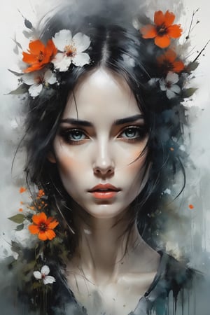 the painting style of nicolas de largilliere and jean-baptiste monge is combined with the bold expression of russ mills and the crackled texture of impasto. double exposure. image of beautiful sadness with large expressive speaking eyes, correct anatomy, against the backdrop of a whimsical spring landscape with amazing flowers, surrounded by soft fog, soft focus, macrorealism, every hair and point