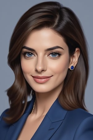 A stunning Indian woman in her 30s, donning a trendy wolf-cut brown hairstyle, gazes directly at the camera with a radiant smile. Her bright blue eyes sparkle like polished sapphires as she wears a modern, sleek formal blue business suit, exuding determination and confidence. Set against a clean white background, her sharp jawline and defined features are rendered in exquisite digital detail, reminiscent of Anne Hathaway's captivating on-screen presence.