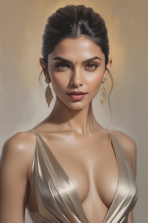 In this stunning 8K portrait, Deepika Padukone's captivating features are illuminated by soft rim ambient lighting, reminiscent of Jeremy Mann's artistic brushstrokes. Her sleek undercut hairstyle and photorealistic skin texture serve as a striking contrast against a subtle gradient background, where volumetric lighting adds depth and dimensionality. The model's symmetric eyes, perfectly framed within the golden ratio, draw attention to her alluring figure and prominent cleavage, exuding confidence and sophistication in this masterfully composed portrait.,Extremely Realistic