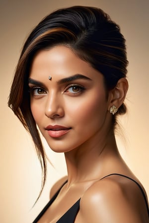 In this stunning 8K portrait, Deepika Padukone's captivating features are illuminated by soft rim ambient lighting, reminiscent of Jeremy Mann's artistic brushstrokes. Her sleek undercut hairstyle and photorealistic skin texture serve as a striking contrast against a subtle gradient background, where volumetric lighting adds depth and dimensionality. The model's symmetric eyes, perfectly framed within the golden ratio, draw attention to her alluring figure and prominent cleavage, exuding confidence and sophistication in this masterfully composed portrait.,Extremely Realistic