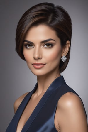 A stunning Indian woman in her 40s, donning a striking wolf-cut brown hairdo, exudes confidence and poise. In a vertical composition, she stands tall, gazing directly into the lens with an unwavering determination. Her piercing eyes sparkle like sapphires, framed by thick lashes. A sleek, modern blue business suit hugs her curves, accentuating her toned physique. The formal attire is juxtaposed against a subtle, textured background, adding depth and dimensionality to the overall image. Her facial features, reminiscent of Anne Hathaway's, are finely detailed, with high cheekbones, defined jawline, and full lips. The trendsetter's wolf-cut hair cascades down her back like a golden waterfall, framing her regal visage. The image is bathed in soft, natural light, casting a flattering glow on the subject.