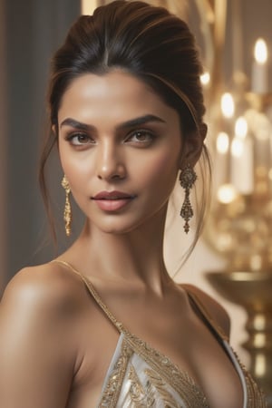 In this stunning 8K portrait, Deepika Padukone's captivating features are illuminated by soft rim ambient lighting, reminiscent of Jeremy Mann's artistic brushstrokes. Her sleek undercut hairstyle and photorealistic skin texture serve as a striking contrast against a subtle gradient background, where volumetric lighting adds depth and dimensionality. The model's symmetric eyes, perfectly framed within the golden ratio, draw attention to her alluring figure and prominent cleavage, exuding confidence and sophistication in this masterfully composed portrait.,Extremely Realistic