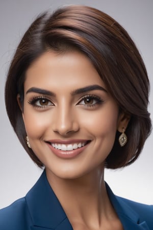 Vertical close-up shot of an Indian woman in her 30s, radiating happiness and confidence. Her trendy wolf-cut brown hair falls down the sides of her face, framing her striking features. The camera captures every detail, from the subtle smile to the piercing eyes that seem to sparkle with determination. She wears a sleek blue business suit, reminiscent of Anne Hathaway's iconic style. The formal attire is offset by her effortless, modern vibe, exuding a sense of professionalism and poise. Lighting is soft and flattering, accentuating the subject's striking features and creating a dramatic depth of field.