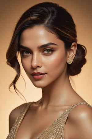 In this Extremely Realistic 8K portrait, Deepika Padukone's captivating features are spotlighted by soft rim ambient lighting, echoing Jeremy Mann's artistic nuances. Her sleek undercut hairstyle and photorealistic skin texture create a striking contrast against a subtle gradient background, where volumetric lighting adds depth and dimensionality. Framed within the golden ratio, her symmetric eyes draw attention to her alluring figure and prominent cleavage, exuding confidence and sophistication in this masterfully composed portrait.