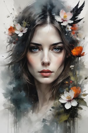 Anne hathway's the painting style of nicolas de largilliere and jean-baptiste monge is combined with the bold expression of russ mills and the crackled texture of impasto. double exposure. image of beautiful sadness with large expressive speaking eyes, correct anatomy, against the backdrop of a whimsical spring landscape with amazing flowers, surrounded by soft fog, soft focus, macrorealism, every hair and point