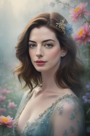 Anne Hathaway's portrait: Softly lit, whimsical spring landscape in the background, with vibrant flowers and misty fog. Double exposure technique combines Anne's features with fantastical elements. She sits with expressive eyes, speaking directly to us, correct anatomy, amidst a crackled impasto texture. Every hair, every point is meticulously rendered, as if seen through a macro lens, capturing her beauty and sadness in stunning detail.