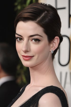 Anne Hathaway's porcelain complexion shines like moonlit silk as she wears a dark saree draped elegantly around her statuesque figure. Her perfect, symmetrical eyes sparkle with an inner light, framed by thick lashes that seem to dance in the soft, high-contrast illumination. The natural skin texture appears almost hyperrealistic, as if captured with 8K HDR precision. The sharpness of the image is reminiscent of a DSLR's crisp rendition, while the cinematic lighting imbues the scene with a sense of drama and intimacy. A subtle film grain adds warmth and texture to the Fujifilm XT3's high-quality capture.