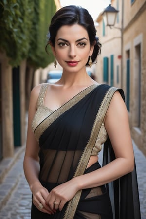 A stunning Indian woman in her 40s, adorned with a wolf-cut black hair trendsetter look, poses confidently in Vence City, France. Her formal yet modern attire features a exquisite saree draping elegantly around her figure. Her 36D curves are accentuated by the flowing fabric. Her fair skin glows under fairy-like soft lighting, highlighting her determined gaze. A subtle flirty tone lingers in her eyes, reminiscent of Anne Hathaway's captivating charm. The vertical composition draws attention to her striking features, set against a refined, high-contrast backdrop.