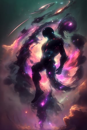 an amazing 3D anime-style illustration, where a galactic nebula takes the form of a giant male figure. With a splendid play of black and violet colors, this cosmic entity gracefully unfolds its arms, shaping and creating new solar systems in the vast universe. The male silhouette highlights the majesty and power of this galactic being while bringing cosmic creation to life with elegant and determined movements

,xyzabcplanets,Celestial Skin 