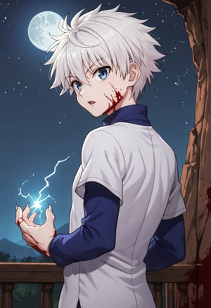 Score_9_up, Score_8_up, Score_7_up, Very detailed, high quality, masterpiece, beautiful, , killua_zoldyck, 1boy, solo, looking at viewer, short hair, open mouth, bangs, blue eyes, shirt, long sleeves, hair between eyes, upper body, white hair, male focus, looking back, electricity, magic, male child, score_8_up, rating_safe, shading, detailed background, good illumination, shiny leather, defined, a cliff, night, stars, full moon, full moon in the backgrounddetails (lora:xl_char_killua_zoldyck:1.0), (countershading: 1.1)  (Electrokinesis:1.3),perfect hands, good handes, perfect fingers,evil expression, murderous expression, blood on the face, blood on the hands, long nails, claws blood on body (blood:1.3)