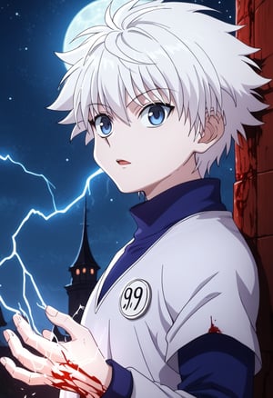 Score_9_up, Score_8_up, Score_7_up, Very detailed, high quality, masterpiece, beautiful, , killua_zoldyck, 1boy, solo, looking at viewer, short hair, open mouth, bangs, blue eyes, shirt, long sleeves, hair between eyes, upper body, white hair, male focus, looking back, electricity, magic, male child, score_8_up, rating_safe, shading, detailed background, good illumination, shiny leather, defined, a cliff, night, stars, full moon, full moon in the backgrounddetails (lora:xl_char_killua_zoldyck:1.0), (countershading: 1.1)  (Electrokinesis:1.3),perfect hands, good handes, perfect fingers,evil expression, murderous expression, blood on the face, blood on the hands, long nails,gore atmosphere, yandere, terrifying atmosphere,empty eyes,ladyshadow,CarnageStyle,lighting_thunder, lightning,electricity, glowing