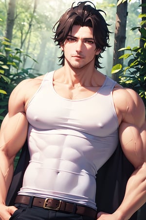 masterpiece, best quality, highly detailed character, body, alone, male focus, 1 man, yami sukehiro, muscular man, facial hair, sideburns, stubble, slight smile, looking at viewer, tank top, white tank top, black capelet, brown eyes, black bull embroidery, YAMI Sukehiro, best quality,smoking,cigarette in mouth, in a forest