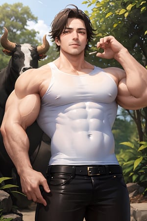 masterpiece, best quality, highly detailed character, body, alone, male focus, 1 man, yami sukehiro, muscular man, facial hair, sideburns, stubble, slight smile, looking at viewer, tank top, white tank top, black capelet, brown eyes, black bull embroidery, YAMI Sukehiro, best quality,smoking,cigarette in mouth, in a forest,Male focus